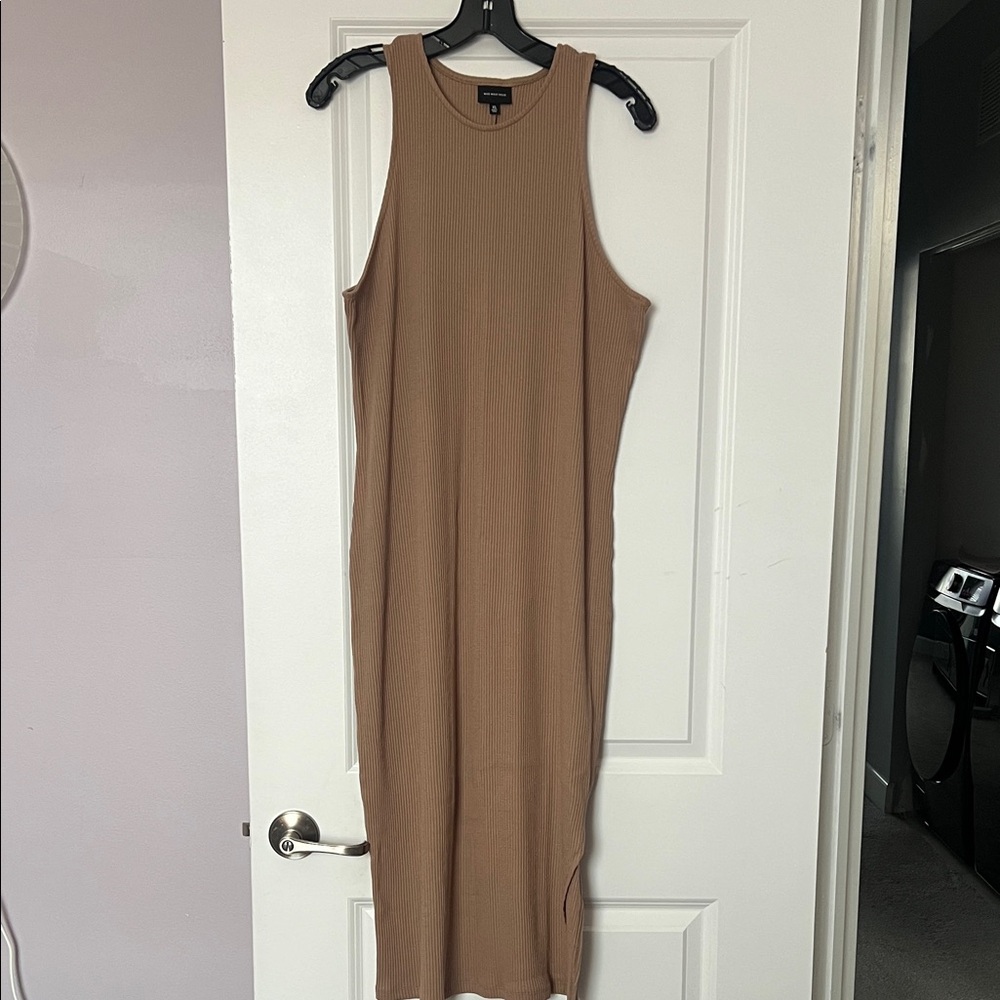 Sleeveless Ribbed Knit Tan Dress